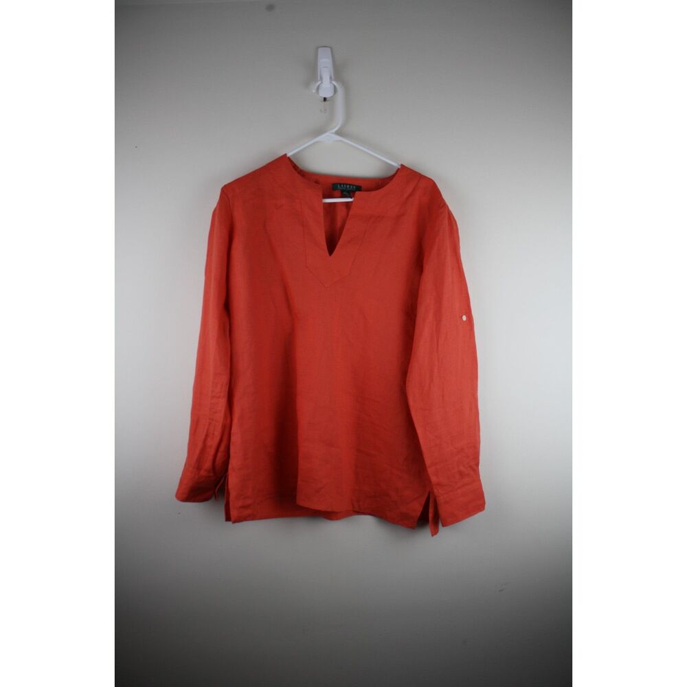 Lauren Ralph Lauren Coral Linen Tunic Top Size L Long Sleeve Split Neck Blouse